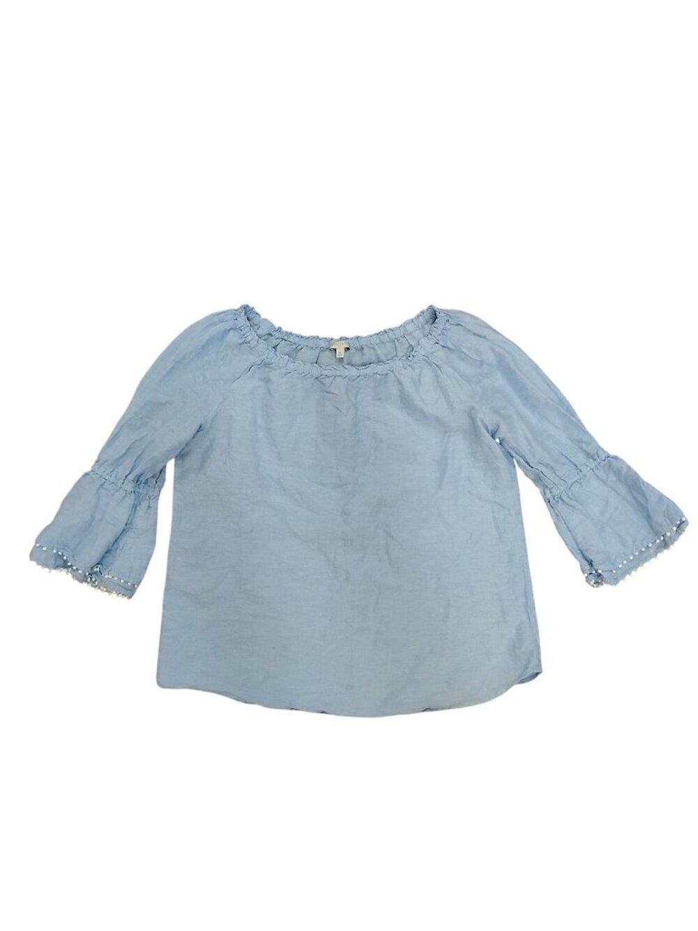 Talbots Womens M Blue Linen Cotton Cropped Peasant Top Bell Sleeves